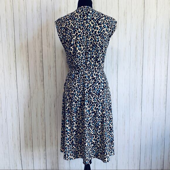 BCBGMaxazria cream blue black leopard print faux wrap dress size Small NWT - Picture 6 of 8